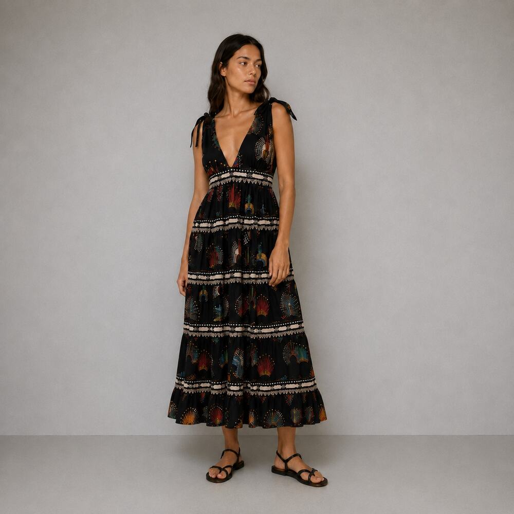Farm Rio Wonderful Headdress Midi Dress Womens XS Black Sleeveless V-neck